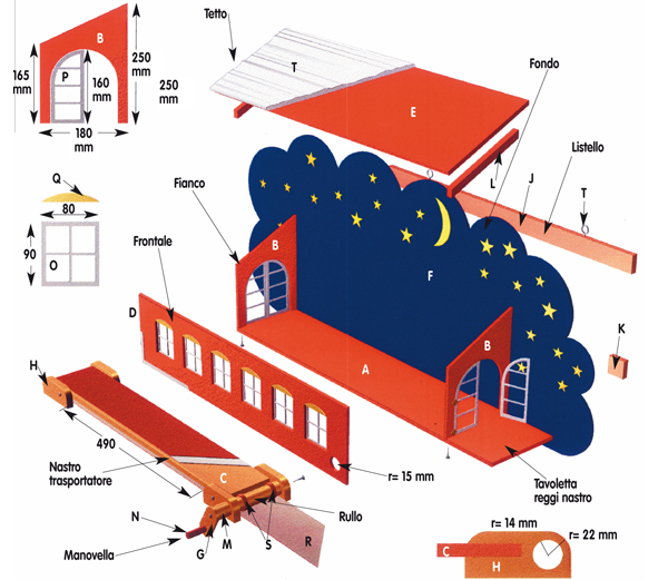 Multistrato spesso 12 mm (1 pezzo A 180x860 mm; 2 pezzi B 180x250 mm;1 pezzo C 105x580 mm); multistrato spesso 6 mm (1 pezzo D 177x725 mm; 1 pezzo E 215x770 mm; 1 pezzo F 500x1150 mm; 1 pezzo G 35x80 mm); tavoletta 15x44 mm (4 pezzi H da 100 mm; 1 pezzo J da 850 mm; 2 pezzi K da 44 mm); listello 15x15 mm (2 pezzi L da 195 mm); barra tonda Ø 18 mm (2 pezzi M da 170 mm e 120 mm); barra tonda Ø 10 mm (1 pezzo N da 40 mm); cartoncino spesso 2 mm (6 pezzi O 80x90 mm; 4 pezzi P 70x160 mm; 6 pezzi Q 11x70 mm); carta abrasiva larga 100 mm (1 rullo da 1500 mm); 2 guarnizioni O-ring; 2 gancetti a legno; cotone idrofilo; nastro telato autoadesivo; colla vinilica; colori acrilici; pupazzi natalizi.