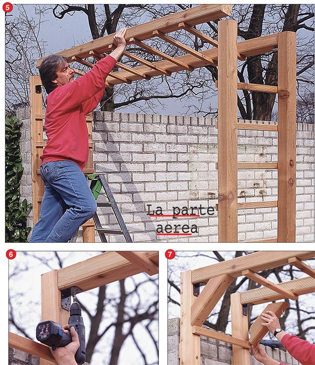 pergolato di legno, fissaggio con piattine metalliche